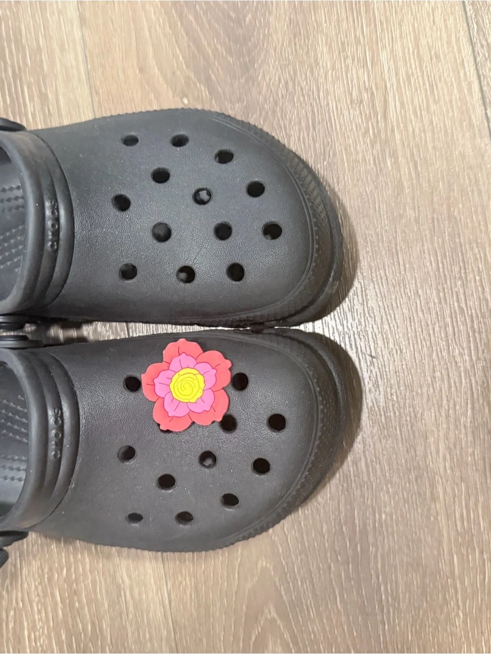 Kids Black Crocs with Pink Flower Charm